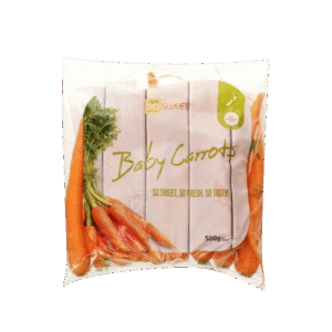 500g bag of So Sweet Baby Carrots, washed and trimmed for freshness, showing bright orange carrots in clear packaging.