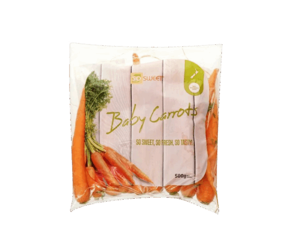 500g bag of So Sweet Baby Carrots, washed and trimmed for freshness, showing bright orange carrots in clear packaging.