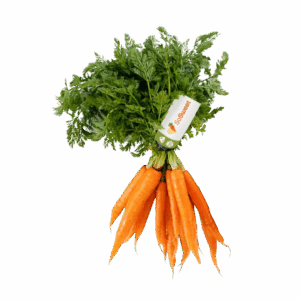 Fresh bunch of So Sweet carrots with green tops and branded label, hand-harvested for natural sweetness and vibrant colour.