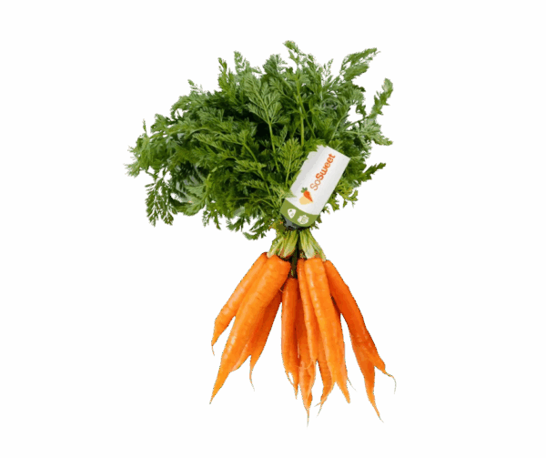 Fresh bunch of So Sweet carrots with green tops and branded label, hand-harvested for natural sweetness and vibrant colour.
