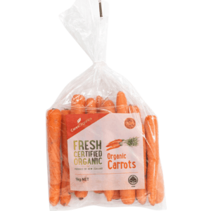 1kg bag of Ceres Organic Carrots showing bright orange carrots in clear packaging with the Ceres Organics Fresh Certified Organic label.