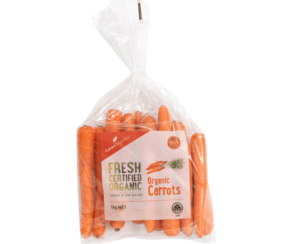 1kg bag of Ceres Organic Carrots showing bright orange carrots in clear packaging with the Ceres Organics Fresh Certified Organic label.