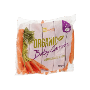 500g bag of So Sweet Organic Baby Carrots, fresh and pre-packed for quality, showing bright orange carrots in clear recyclable packaging.