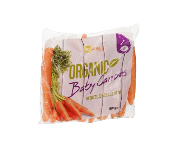 500g bag of So Sweet Organic Baby Carrots, fresh and pre-packed for quality, showing bright orange carrots in clear recyclable packaging.