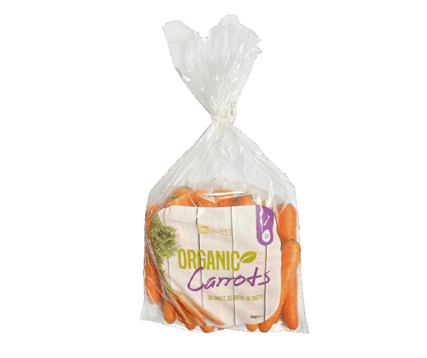 1kg bag of So Sweet organic carrots, pre-packed for freshness and convenience.