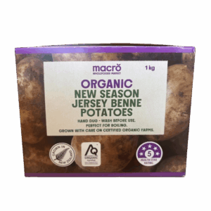 1kg box of Macro Organic New Season Jersey Benne Potatoes, grown in New Zealand and certified organic, ready for boiling or summer salads.