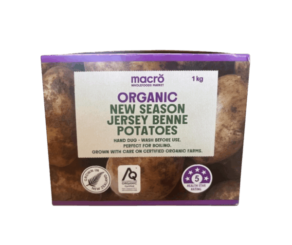 1kg box of Macro Organic New Season Jersey Benne Potatoes, grown in New Zealand and certified organic, ready for boiling or summer salads.