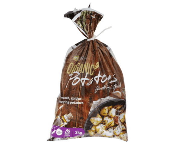 2kg bag of So Sweet Organic Godfrey’s Gold Potatoes with brown rustic packaging showing roasted potatoes and organic certification label.