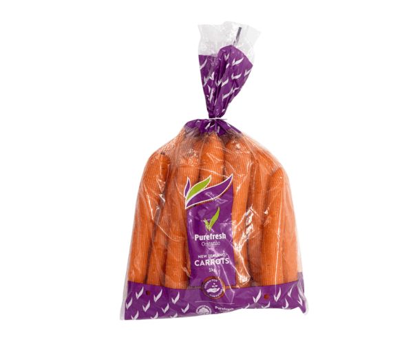 1kg bag of Pure Fresh Carrots showing bright orange carrots in clear purple packaging with the Pure Fresh logo.