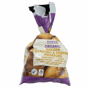 Bag of Macro Organic Golden Roasting and Mashing Potatoes showing purple and white packaging