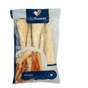 500g bag of So Sweet Pre-Packaged Parsnips showing trimmed, washed parsnips in clear blue packaging with roasted parsnip image