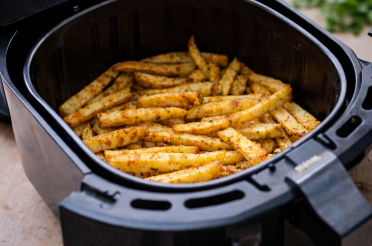 Healthy parsnip chips air fryer cooking process inside basket