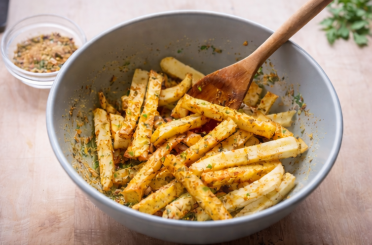 Healthy parsnip chips air fryer seasoning step with oil and spices in a bowl