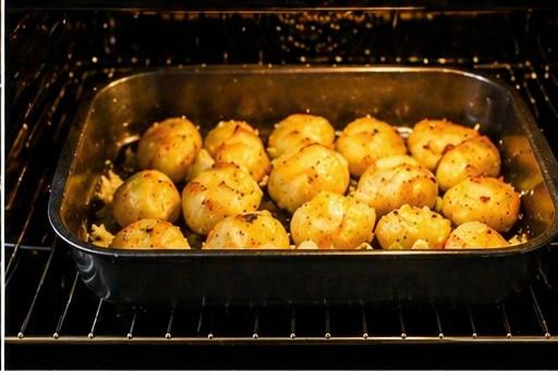 potatoes roasting in oven tray for crispy roast potatoes