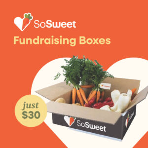 So Sweet Fundraising Boxes promotional graphic featuring a fresh produce box filled with carrots, potatoes, onions and parsnips, with pricing from just $30.