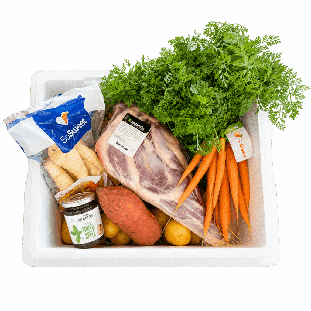 So Sweet Celebration Box contents featuring organic vegetables and Southland lamb for corporate Christmas gifting NZ