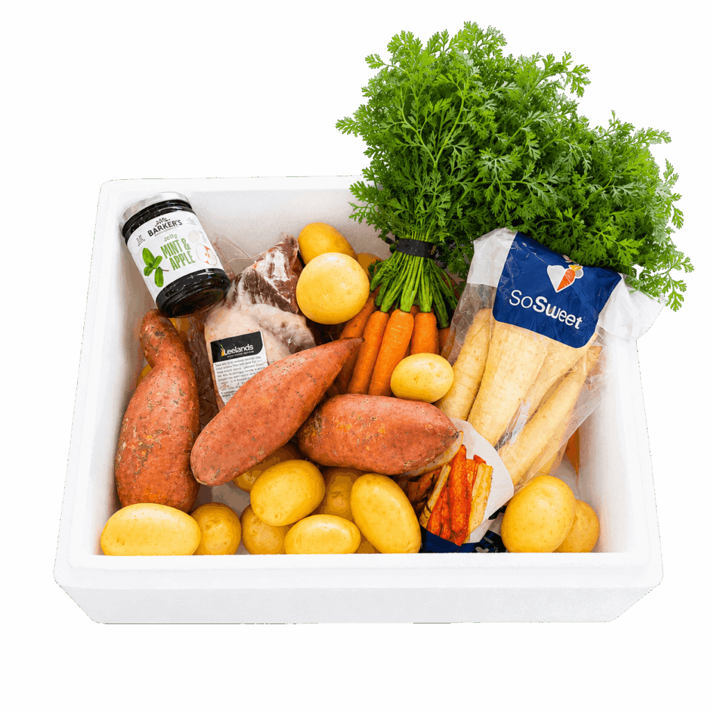 So Sweet Festive Box contents featuring organic vegetables and Southland lamb for corporate Christmas gifting NZ