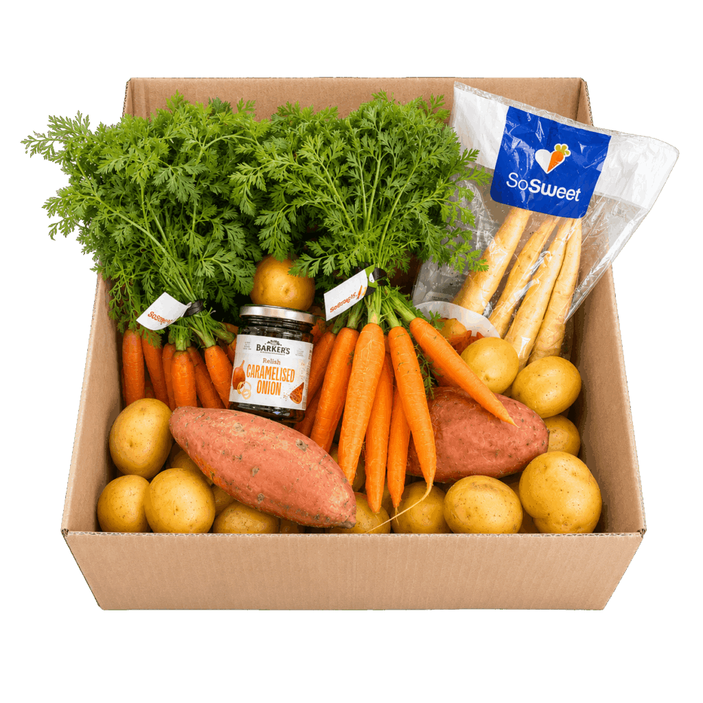 So Sweet Harvest Box contents featuring fresh New Zealand vegetables and Barker's relish for corporate Christmas gifting NZ