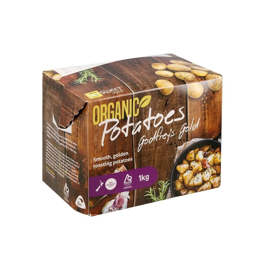 1kg box of So Sweet Organic Godfrey’s Gold Potatoes showing golden roasting potatoes in brown packaging with organic certification labels.