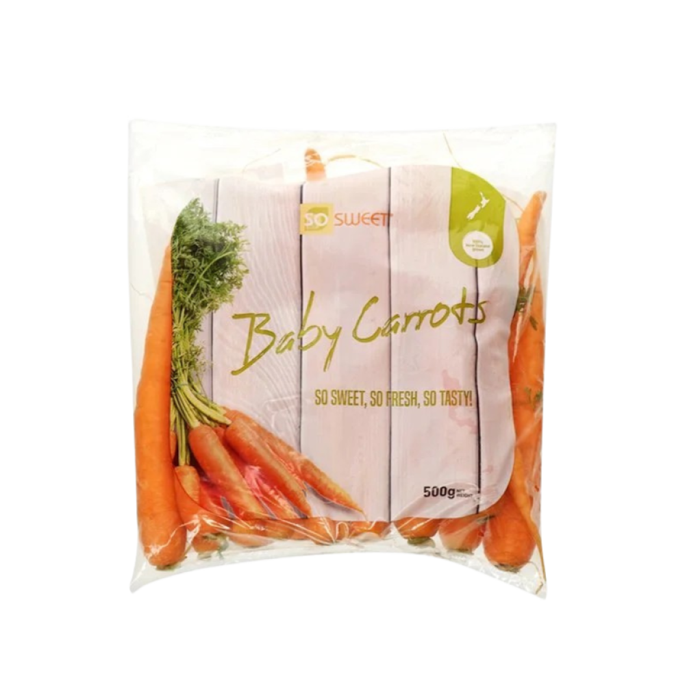 500g bag of So Sweet Baby Carrots, washed and trimmed for freshness, showing bright orange carrots in clear packaging.