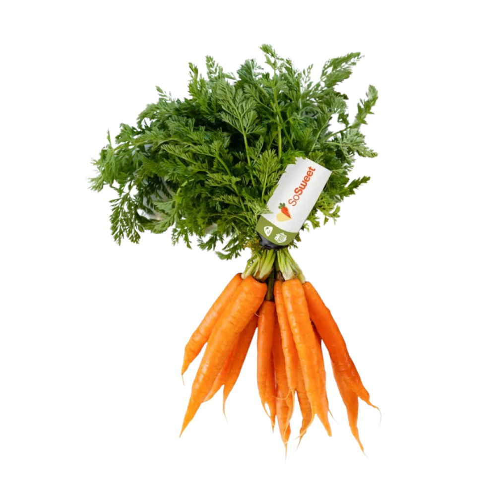 Fresh bunch of So Sweet carrots with green tops and branded label, hand-harvested for natural sweetness and vibrant colour.