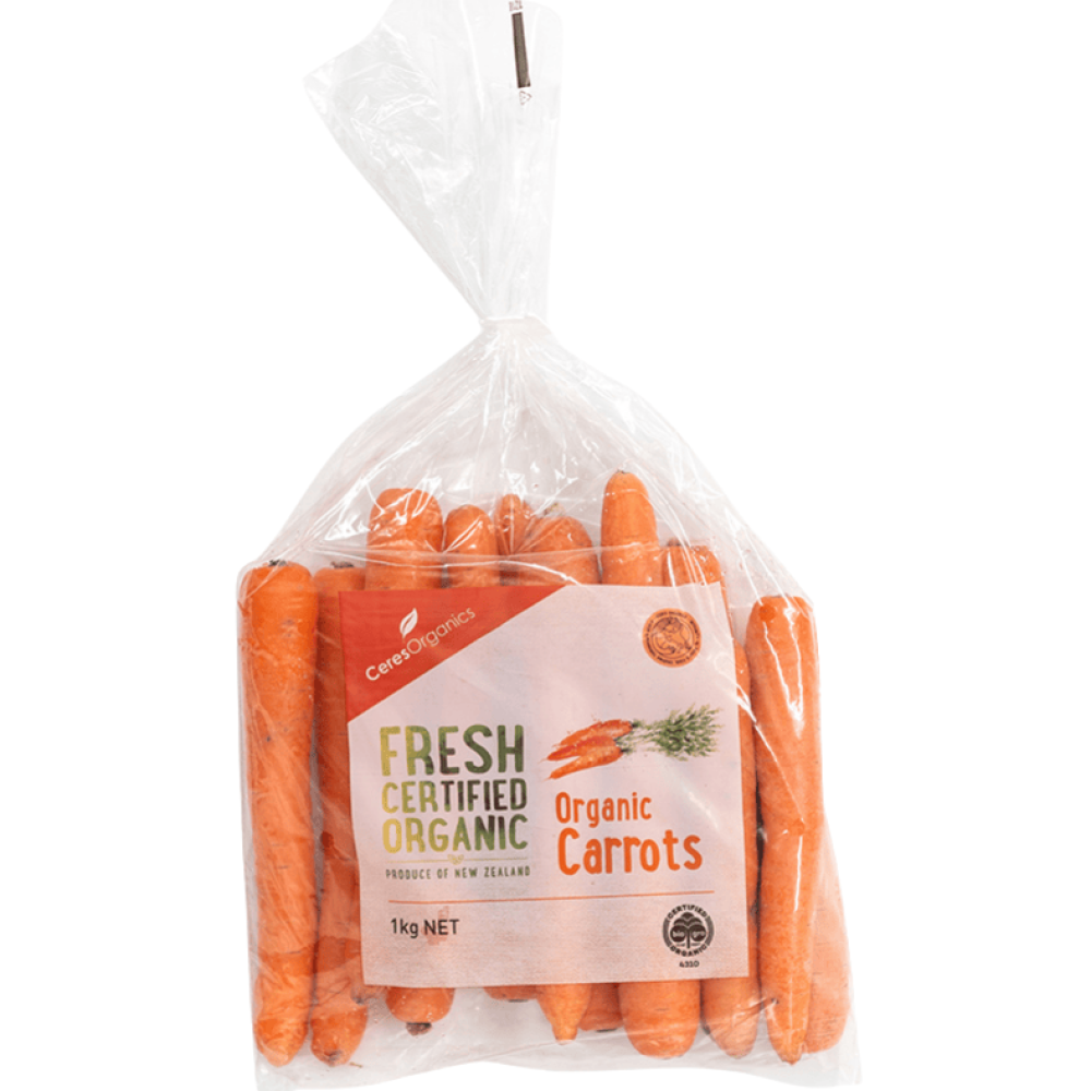 1kg bag of Ceres Organic Carrots showing bright orange carrots in clear packaging with the Ceres Organics Fresh Certified Organic label.