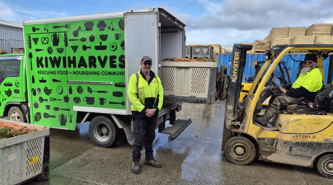 KiwiHarvest food distributors collecting rescued produce with forklift and delivery truck, supporting So Sweet partnerships KiwiHarvest food distributors collecting rescued produce with forklift and delivery truck, supporting So Sweet partnerships
