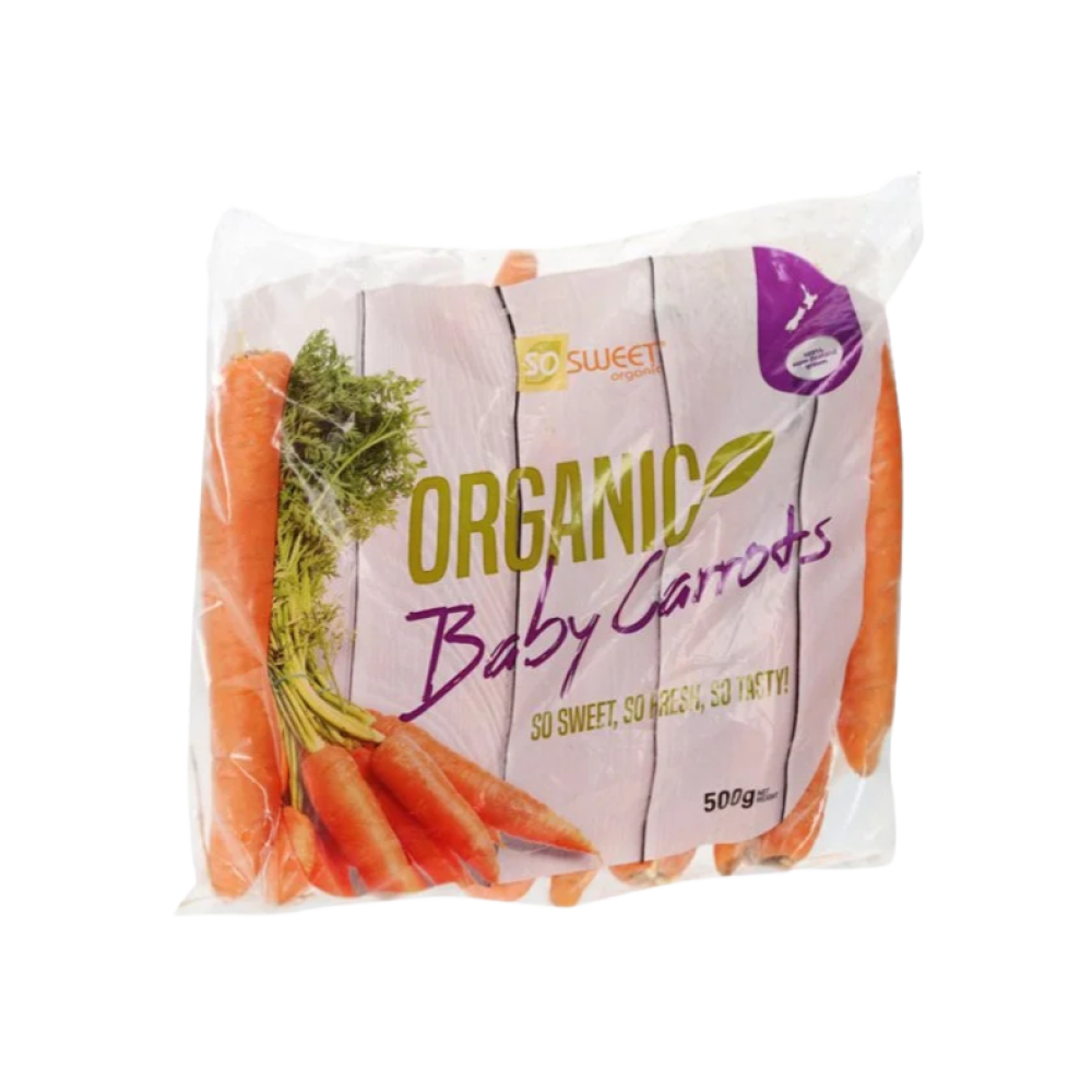 500g bag of So Sweet Organic Baby Carrots, fresh and pre-packed for quality, showing bright orange carrots in clear recyclable packaging.