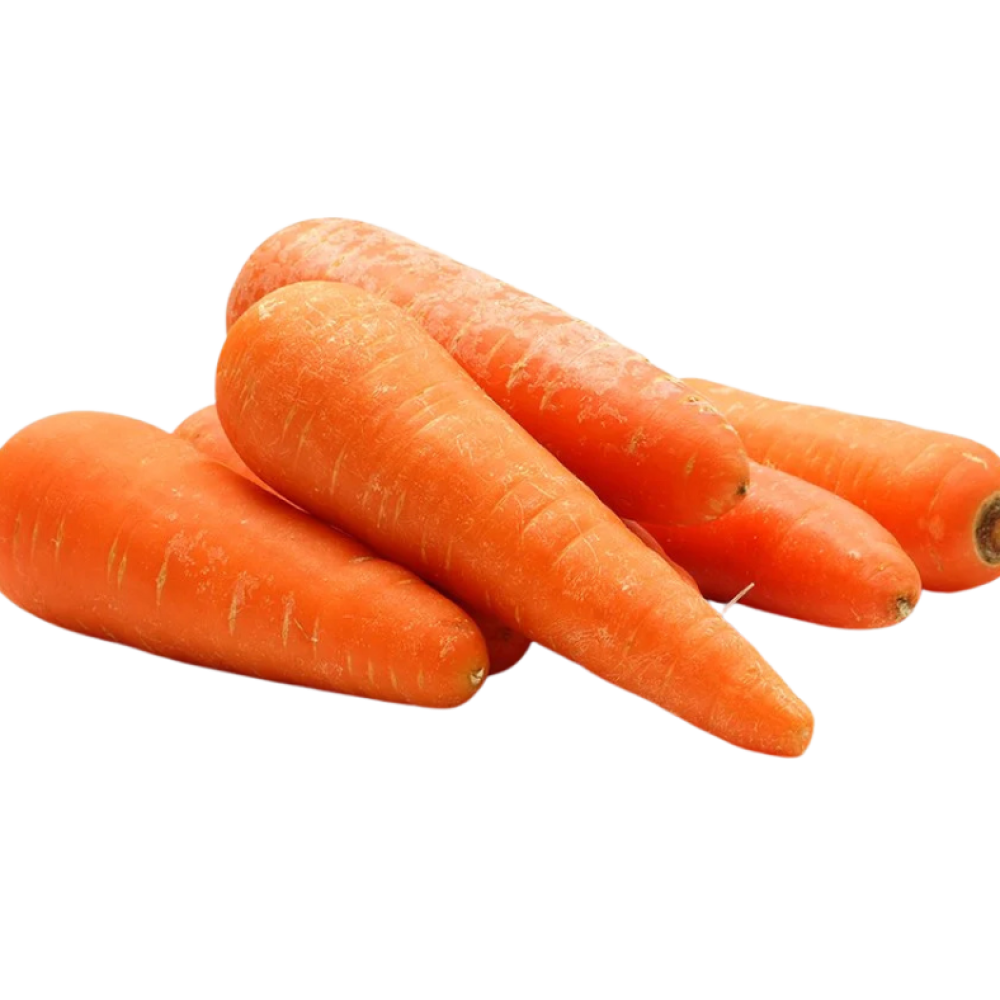 Pile of So Sweet Loose Organic Carrots on a white background, showing clean, bright orange roots.