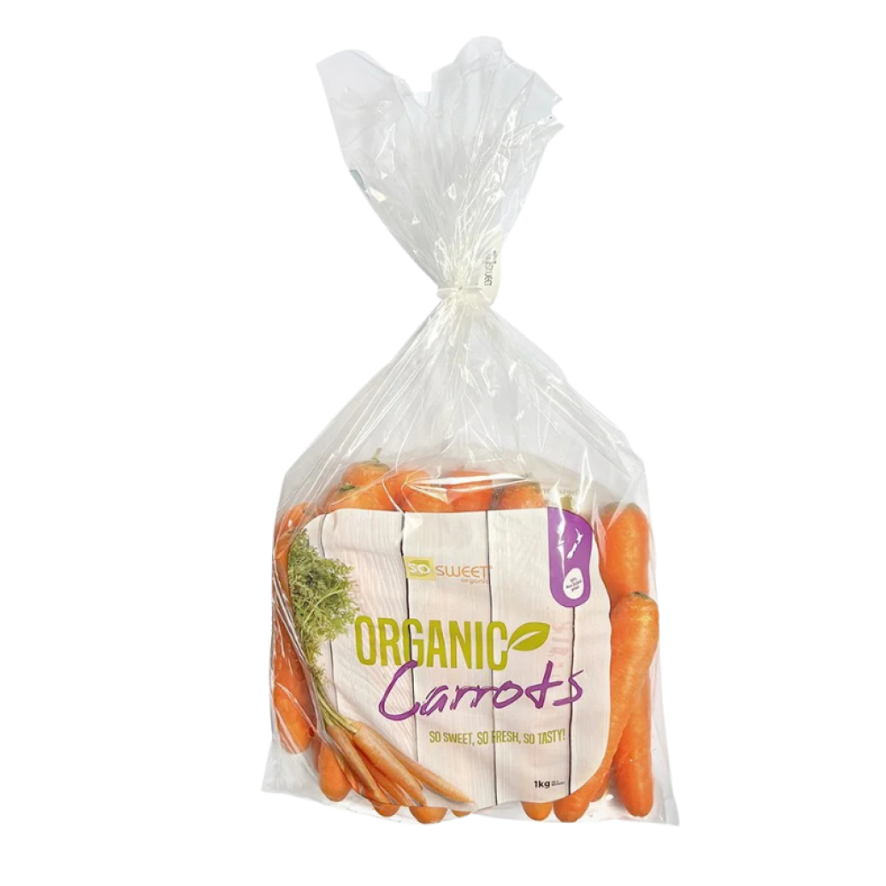 1kg bag of So Sweet organic carrots, pre-packed for freshness and convenience.