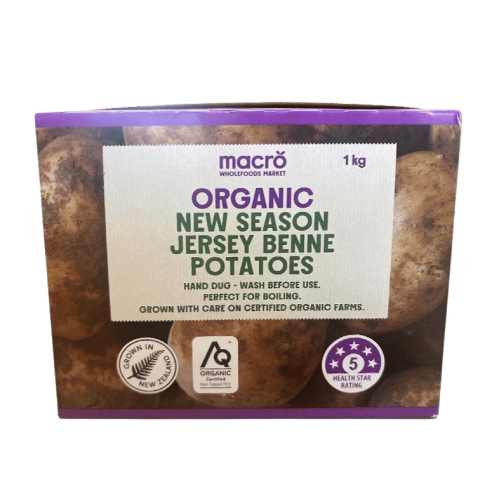 1kg box of Macro Organic New Season Jersey Benne Potatoes, grown in New Zealand and certified organic, ready for boiling or summer salads.