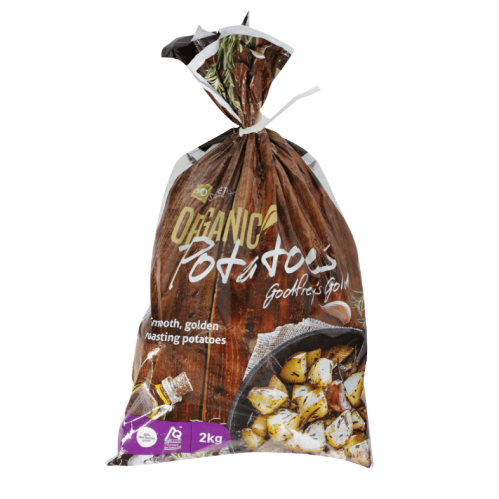 2kg bag of So Sweet Organic Godfrey’s Gold Potatoes with brown rustic packaging showing roasted potatoes and organic certification label.