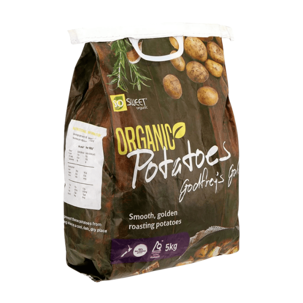 5kg bag of Godfrey’s Gold Organic Potatoes showing golden Agria potatoes in brown packaging with organic certification label