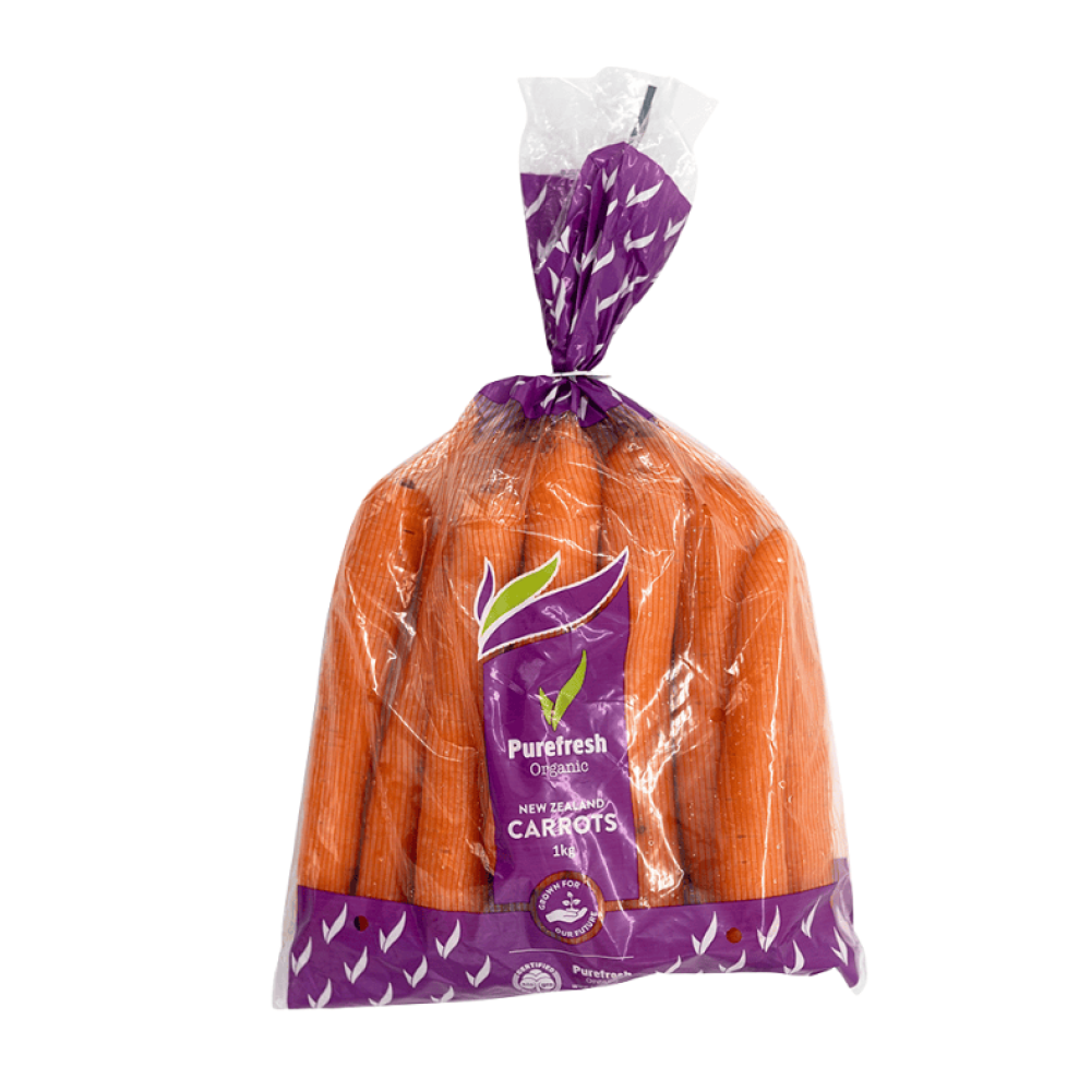 1kg bag of Pure Fresh Carrots showing bright orange carrots in clear purple packaging with the Pure Fresh logo.