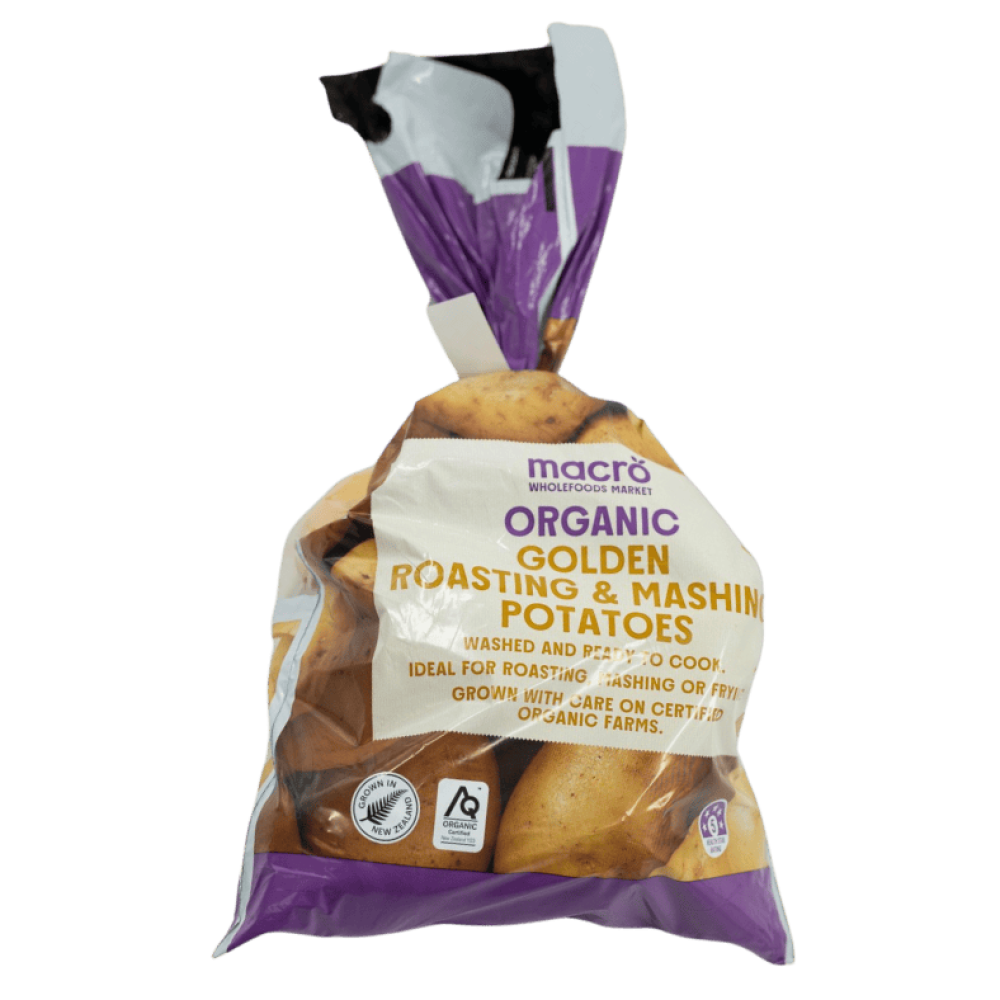 Bag of Macro Organic Golden Roasting and Mashing Potatoes showing purple and white packaging