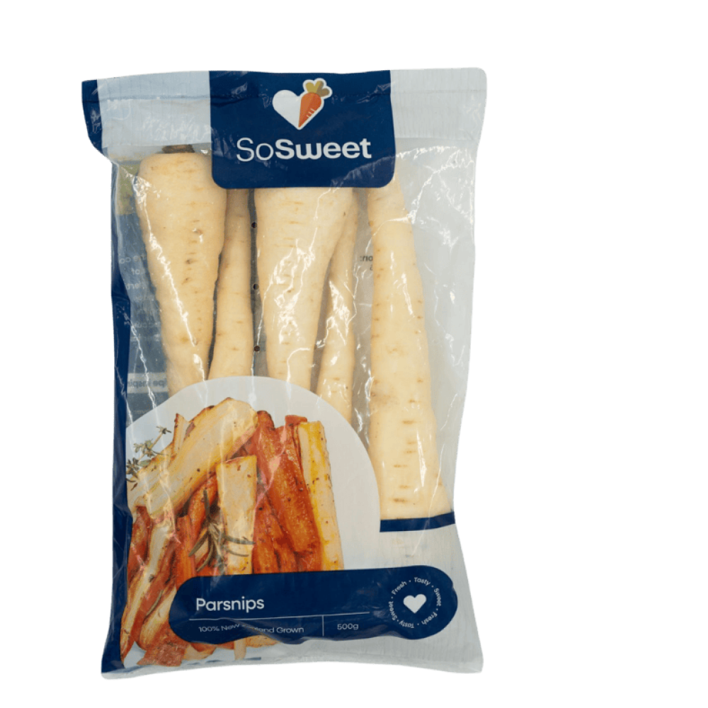 500g bag of So Sweet Pre-Packaged Parsnips showing trimmed, washed parsnips in clear blue packaging with roasted parsnip image