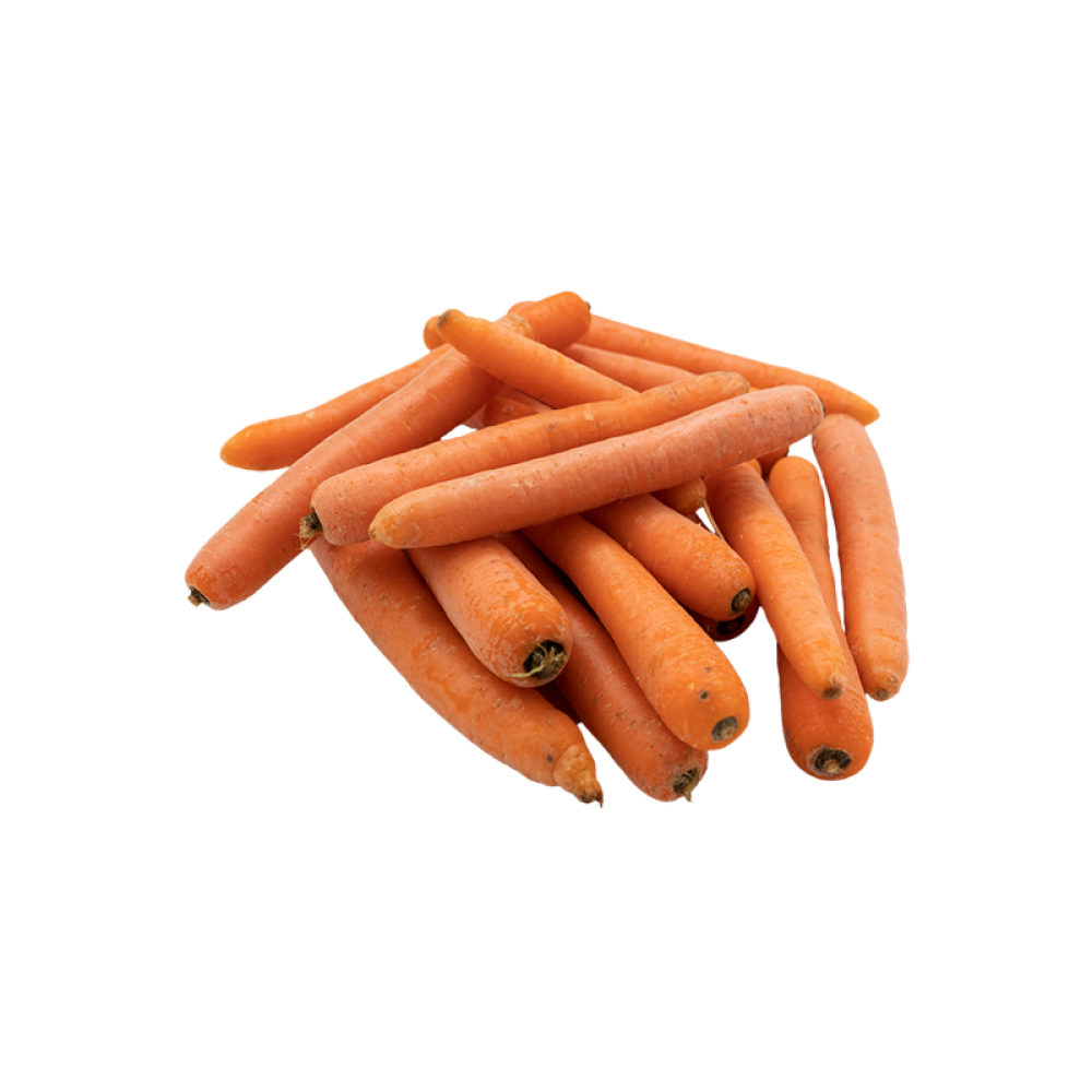 A pile of fresh loose organic carrots on a white background, ideal for juicing, retail, or bulk foodservice supply.